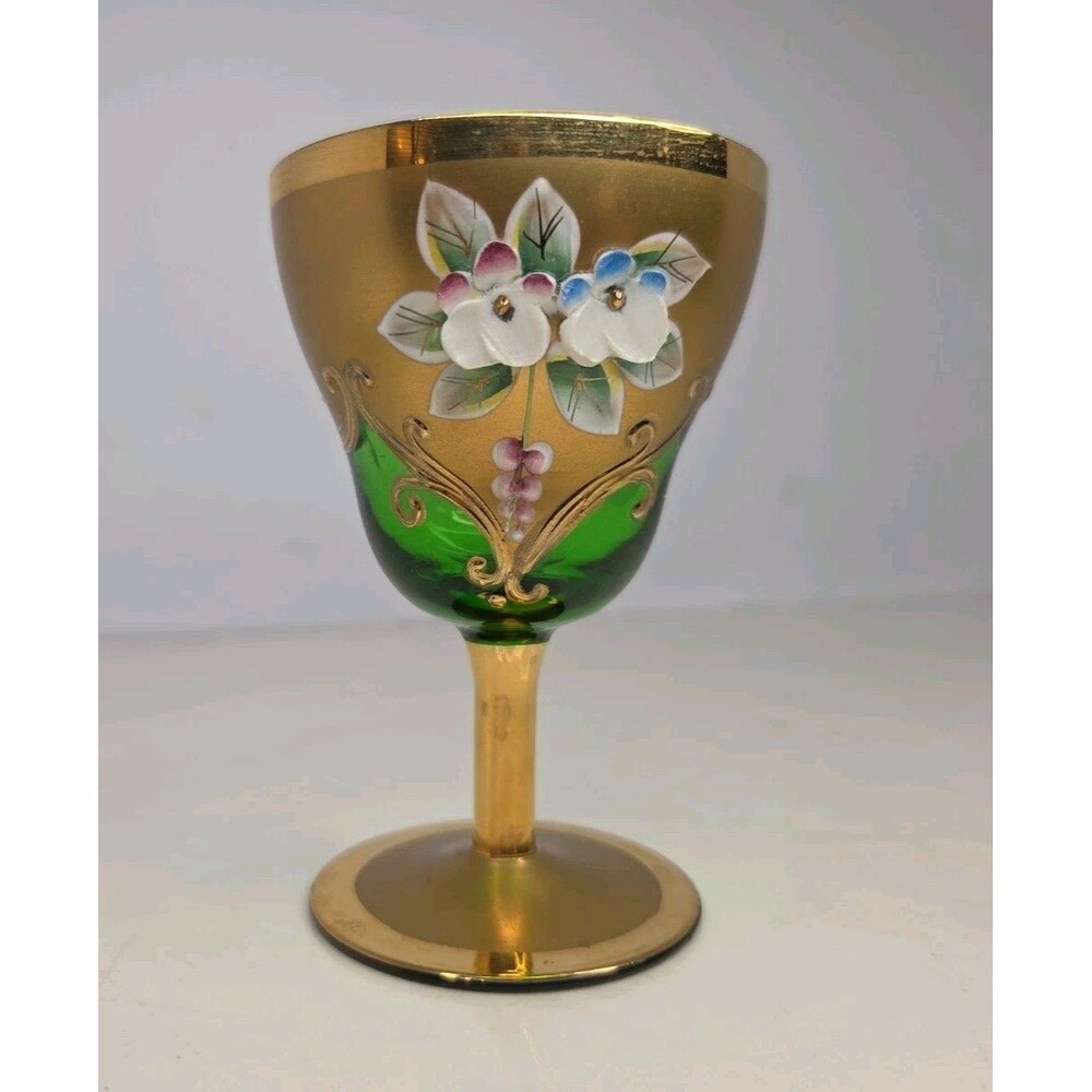 Vintage Murano Tre Fuochi Venetian Green Glass Goblet Hand Paint 3D Flowers 24K